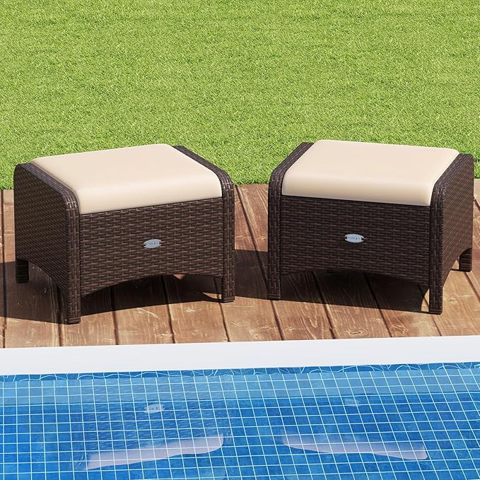 Tangkula 2 Pieces Outdoor Patio PE Wicker Ottomans with Removable Cushions, Outdoor Furniture for Additional Seating, Footrest and Side Table, Outdoor Footstools for Porch, Garden and Backyard