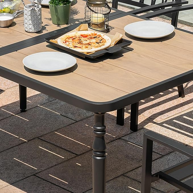 NUU GARDEN 37" Square Outdoor Dining Table, Metal Dining Table with Umbrella Hole, Wood-Grain Tabletop, Weather-Resistant for Garden, Backyard, Deck, Lawn