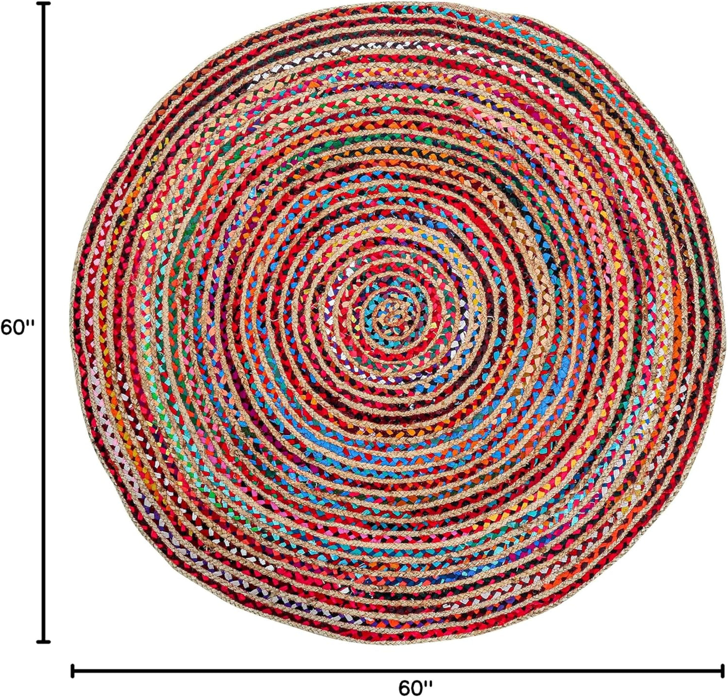 5' Round Handwoven Jute Chindi Area Rug - Colorful Round Boho Rugs for Living Room - Hand Braided Multicolor Bohemian Rug for Farmhouse, Bedroom, Dining Room, Classroom, Hallway, Kitchen