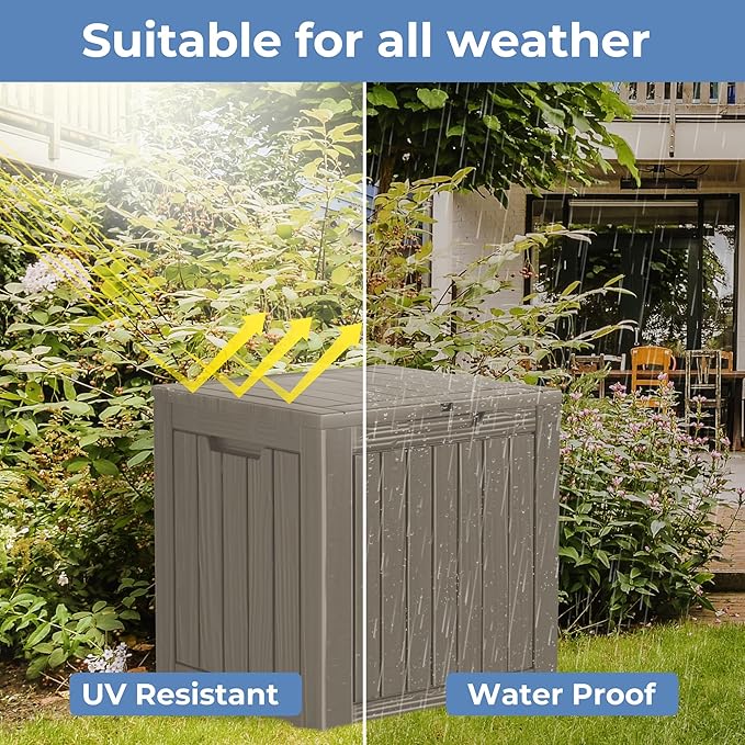 35 Gallon Resin Deck Box, Waterproof Outdoor Storage Box for Patio, Poolside, and Garden, Lockable UV-Resistant Storage Bin Bench Cabinet for Small Spaces, Grey