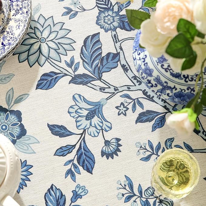 Vintage Blue and White Extra Long Rectangle Tablecloth,French Linen Floral Wrinkle Free Tablecloths,Decor Table Cover for Kitchen,Dining,Party,Thanksgiving,Christmas,67"*118"-Suqing