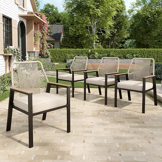 Patio Wicker Chair Sets of 4, Outdoor Dining Chairs with 3.1 inch Seat Cushions, Sturdy Metal Frame & Wood Grain Armrest, Patio Dining Chairs for Porch Backyard, Beige