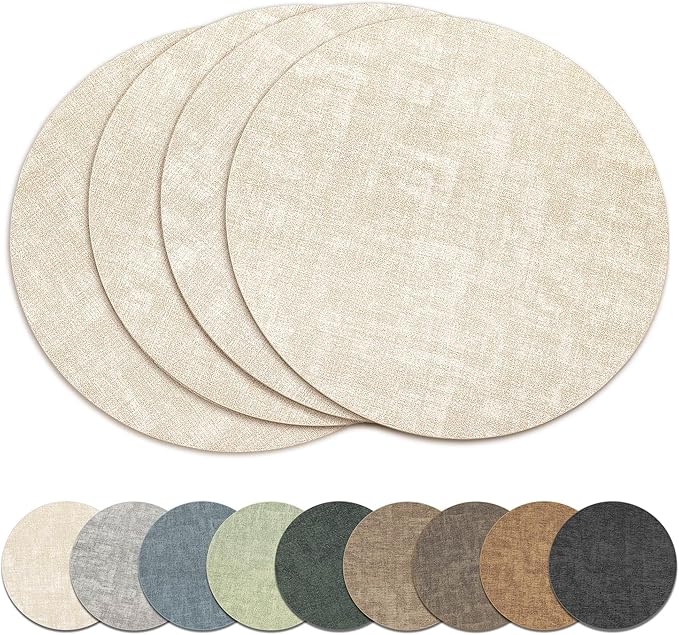 13" Round Placemats Set of 4, Reversible Faux Leather Heat Resistant Table Mats, 100% Waterproof Oilproof Wipeable Table Protective Placemats for Vinyl, Washable for Indoor & Outdoor Use (4, Beige)