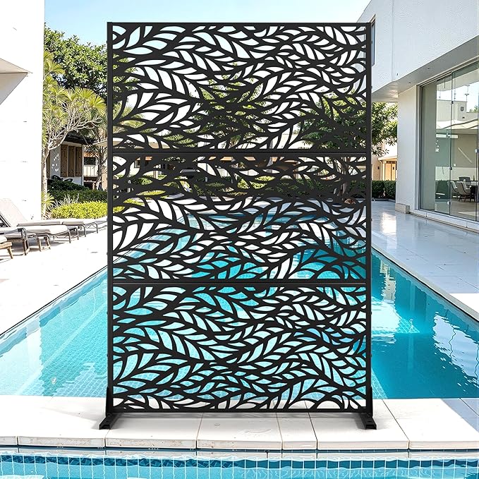 Metal Privacy Screen for Outdoor & Indoor Use, Free Standing Privacy Screen for Patio Garden Pool, 72" H x 47" W Decoative Privacy Panels, Weather Resistant, Easy Assembly (Black Spring Leaf)