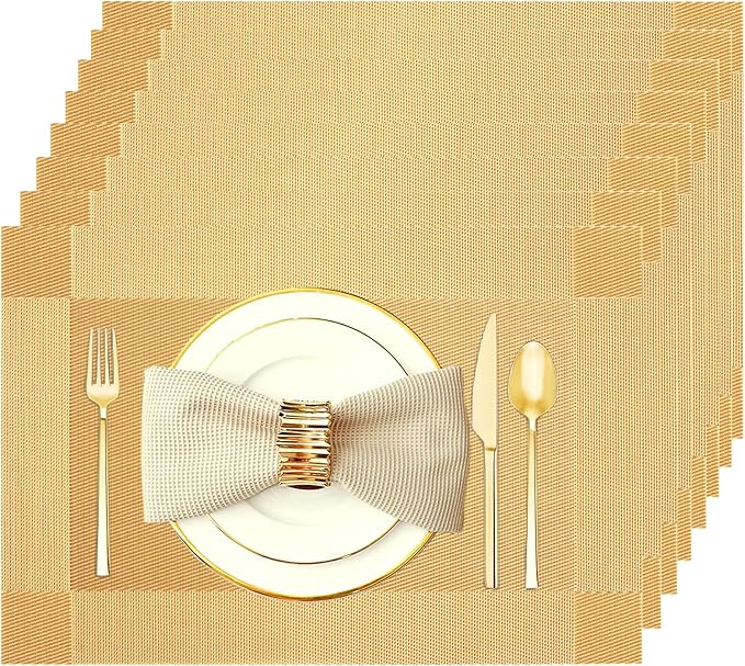 Placemats Set of 8 Washable&Wipeable Place mats for Dining Table Kitchen Indoor Outdoor Table Mats Heat Resistant Non Slip Woven Vinyl Table Placemats (Gold，8PCS)