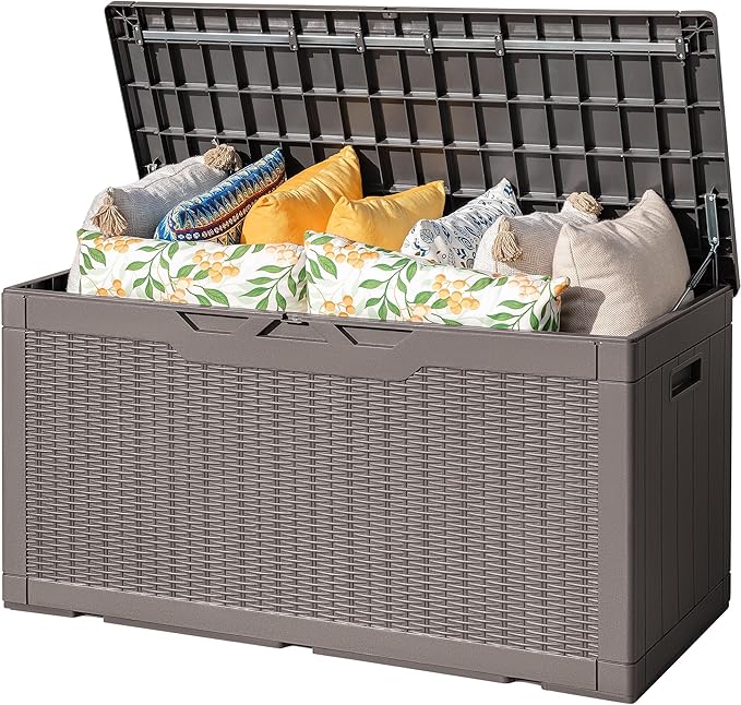 Flamaker Outdoor Storage Box 100 Gallon Waterproof Resin Deck Box Delivery Box with Air Rod Indoor Outdoor Lockable Storage Bench for Patio Cushions, Tools, Pool Accessories (Brown)