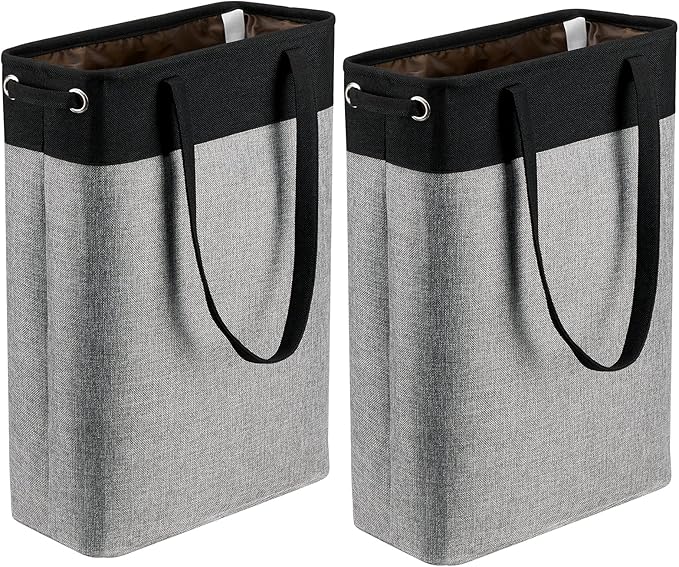 Laundry Hampers 15.2Lx7.5Wx23H Small&Tall Slim Fabric Laundry Baskets Thin Narrow Black+Gray Compact Hamper Capacity 43L for Space-Saving,QY-SC23-2