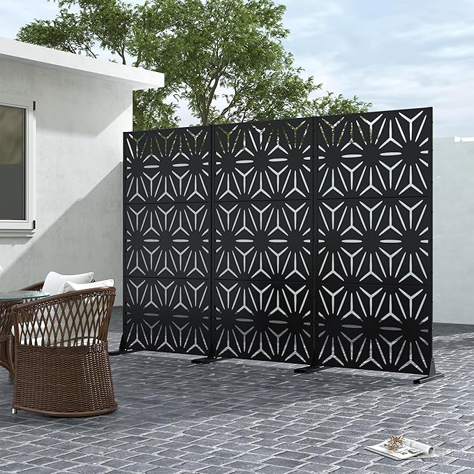 Casaphoria Metal Privacy Screen Outdoor, 72" H x 35" W Freestanding Decorative Privacy Screen for Patio Deck Balcony Garden with Stable Base, Black-Star