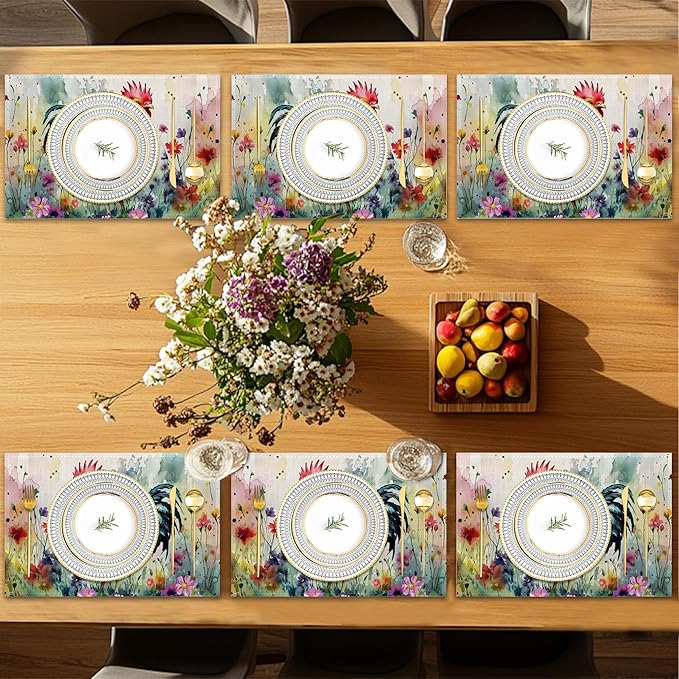 6 Pcs Placemats,Chicken Placemat,Flower Field Table Mats Washable Recyclable Table Placemats for Indoor Outdoor Heat Resistant Kitchen Dining 12"x18"