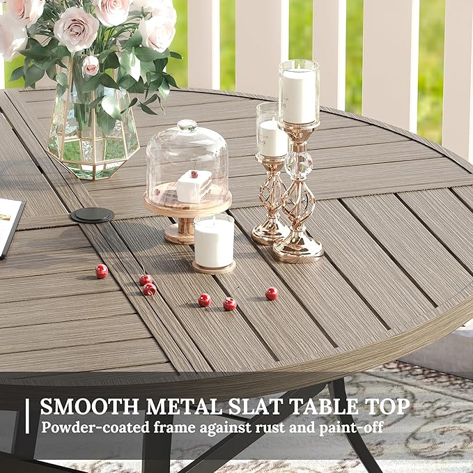 VICLLAX Round Patio Table with Adjustable Umbrella Hole for 8, All Weather Metal Outdoor Dining Table for Lawn Garden, 59.8" Outdoor Coffee Table, Grey Wood-Like Tabletop