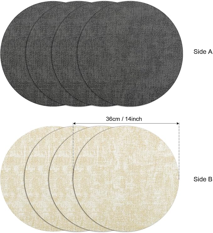 Myir JUN Round Placemats, Dual Sided Faux Leather Place Mats Set of 4 Indoor/Outdoor Non-Slip Washable Table Mats (Gray Cream-White, Set of 4)