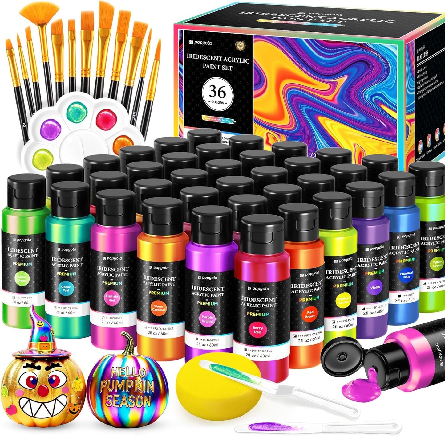 52 PCS Iridescent Acrylic Paint Set with 12 Brushes, 2 Knives & Palette, 36 Colors (2oz/60ml) Art Craft Paint for Adults Kids Artists Beginners, Halloween Pumpkin Canvas Ceramic Rock Painting Kit