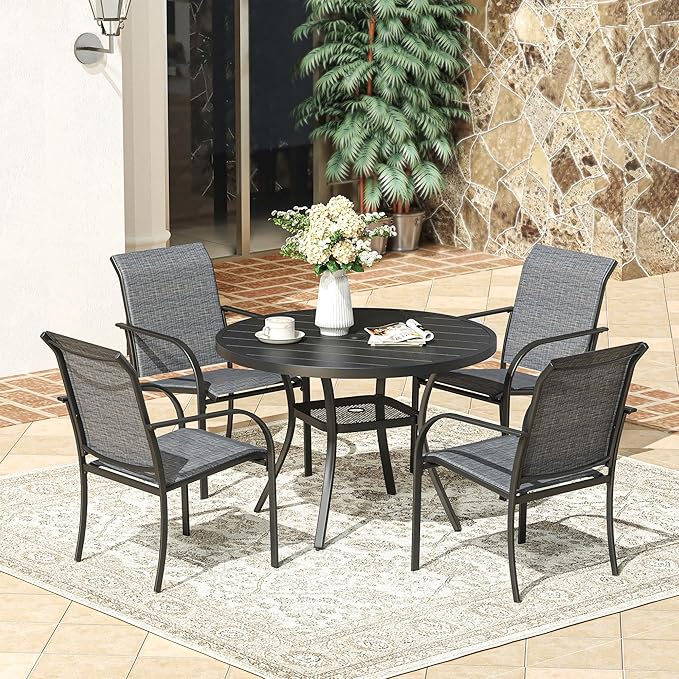 VICLLAX 41 Inches Round Patio Dining Table with Umbrella Hole, Metal Outdoor Dining Table for Garden, Patio, Porch, Black