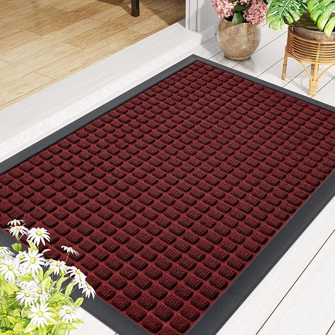 Smiry Front Door Mat Outside Entrance, Heavy Duty Natural Rubber Doormat, Non Slip, Trap Dirt and Moisture, Easy Clean, Low Profile Welcome Floor Mats for Indoor Outdoor Entry, 47x23 Inch, Red