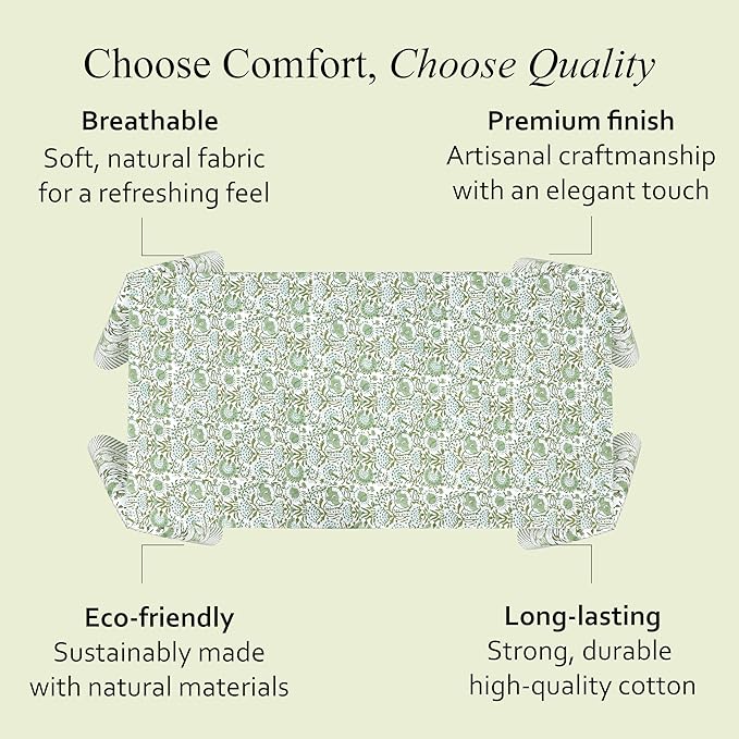 CPC Tablecloth 100% Cotton 72x190 Inch Indian Block Print Rectangle Table Cover, Green Table Cloth for Weddings, Spring/Summer, Barbeque - Agate Green