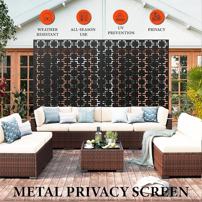 GarveeLife Metal Privacy Screen 72" h x 47" w, Outdoor Privacy Screens and Panels, Freestanding Decorative Fence for Patio Lawn Garden Deck Balcony, 3-Panel with Stand for Outdoor & Indoor Use