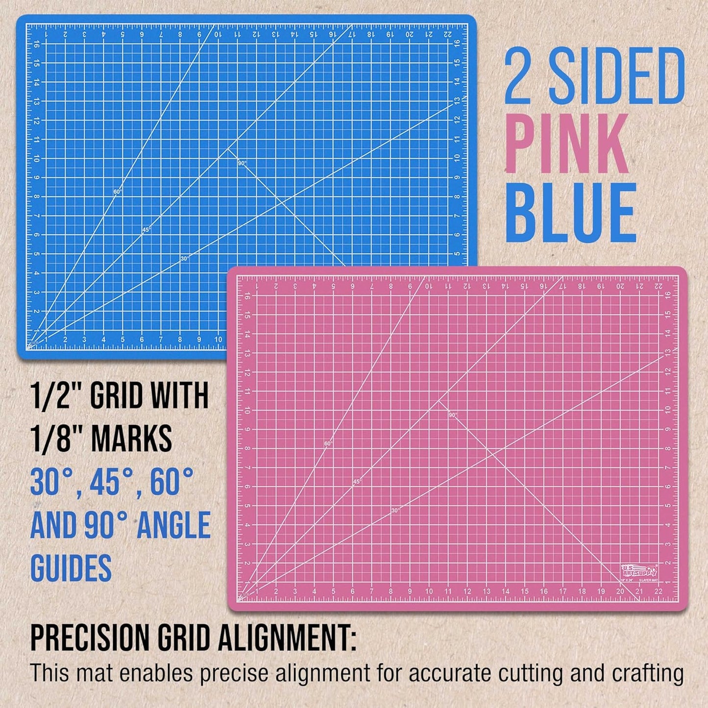 U.S. Art Supply 18" x 24" Self-Healing Cutting Mat 5-Ply (2 Pack) - Double-Sided Pink/Blue Craft Mat, Non-Slip Cutting Mats for Crafts, Sewing, Quilting, Scrapbooking