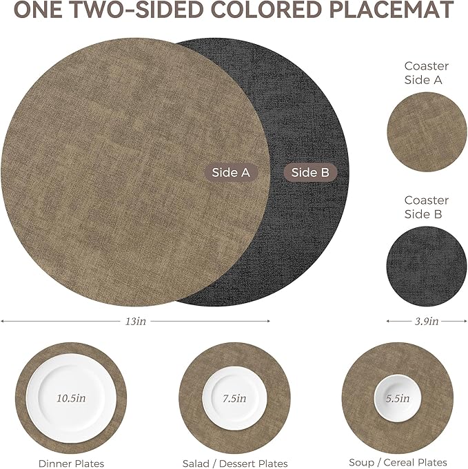 13" Round Placemats Set of 6, NCUE Dual-Sided Faux Leather Heat Resistant Table Mats, Waterproof Oilproof Washable Protective Table Placemats with Coaster, Wipeable Vinyl for Indoor & Outdoor Use