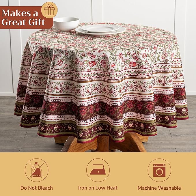 Maison d' Hermine Table Cloth Round Table 100% Cotton 69 Inches Fall Tablecloth Reusable Everyday Use for Thanksgiving Christmas Decorations Dining Farmhouse Party (Reveillon Au Jardin)