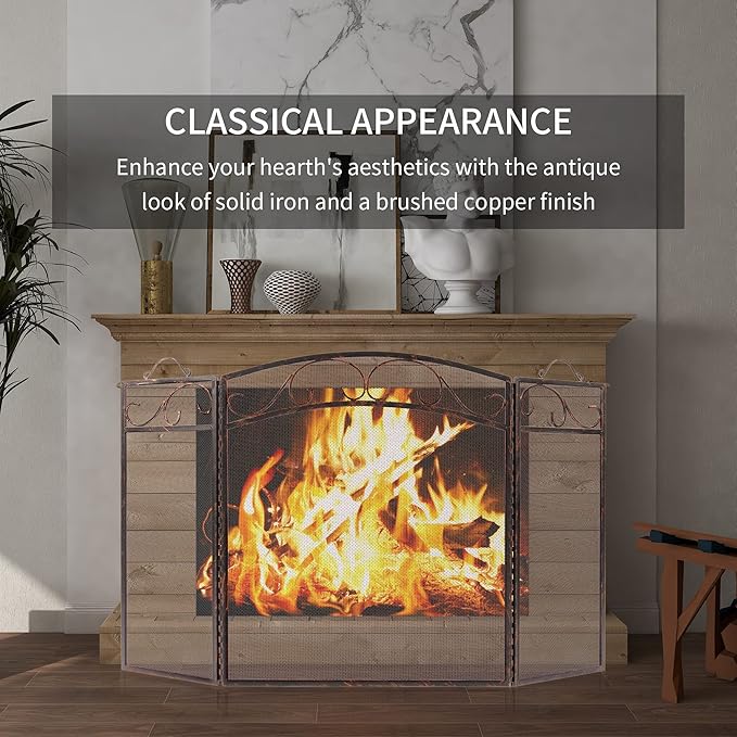 Fire Beauty Fireplace Screen 3 Panel with Handles Wrought Iron 51"(L) x31(H) Spark Guard Cover(Brushed Copper)