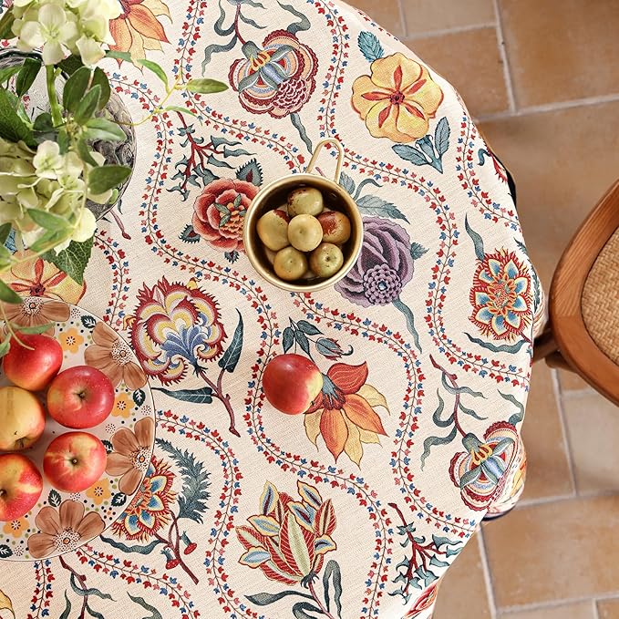 Vintage French Round Tablecloth,Linen Extra Long Tablecloth with Rose and Cornflower Pattern,Decorative Table Cover for Kitchen,Dining,Thanksgiving,Party,Diameter 67"-Lanae