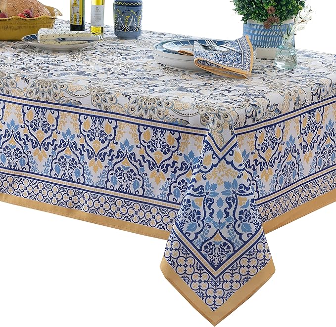 Home Bargains Plus Rectangle Fabric Tablecloth, 60 x 84 Inch, Allure Yellow and Blue Floral Bordered Print, Indoor Outdoor Stain and Water Resistant Table Cloth, Provence French Country