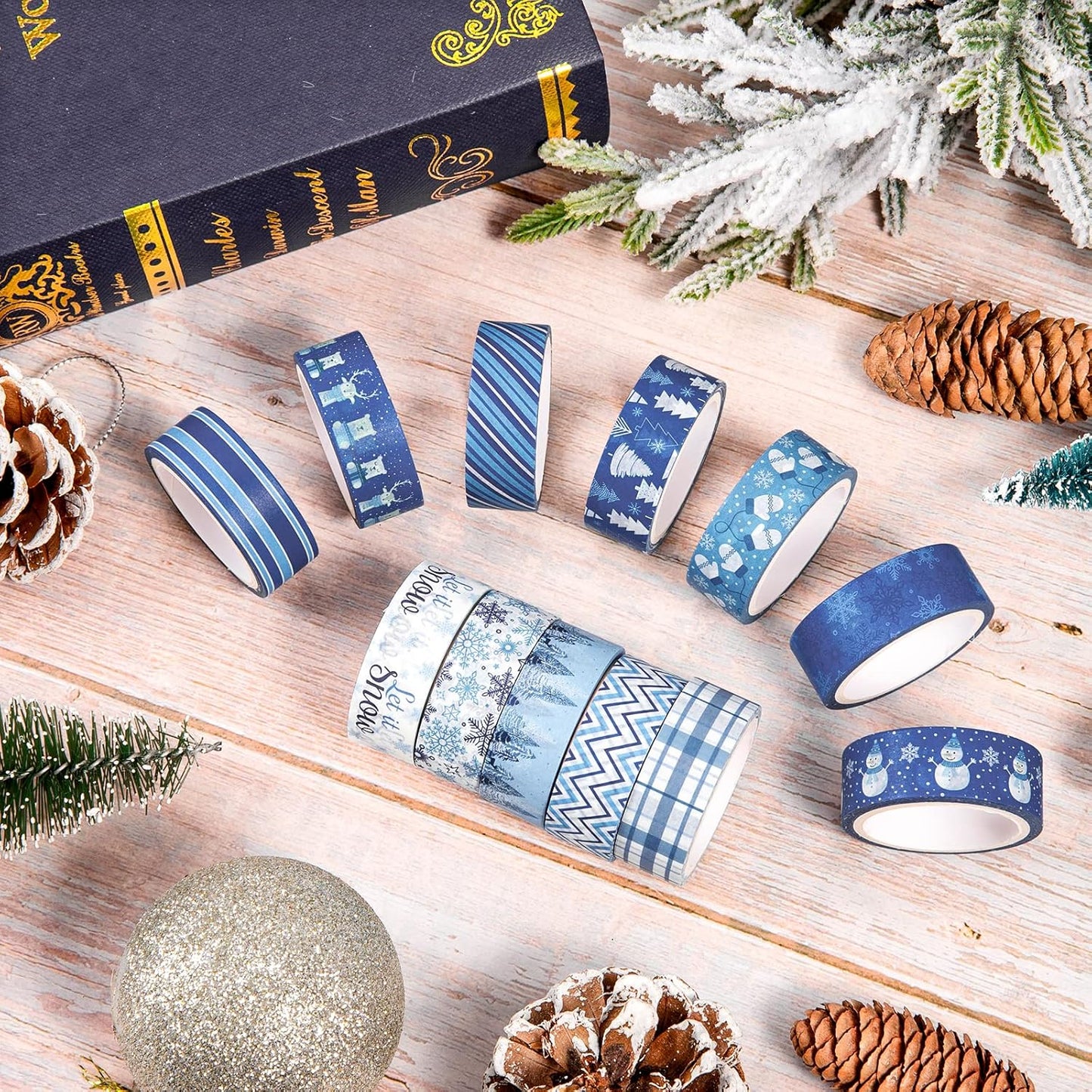 Whaline 12 Rolls Winter Washi Tape Blue White Snowflake Snowman Holiday Masking Tape Xmas Tree Reindeer Assorted Pattern Washi Tape for Scrapbook Journal DIY Craft Gift Wrapping Party Decor