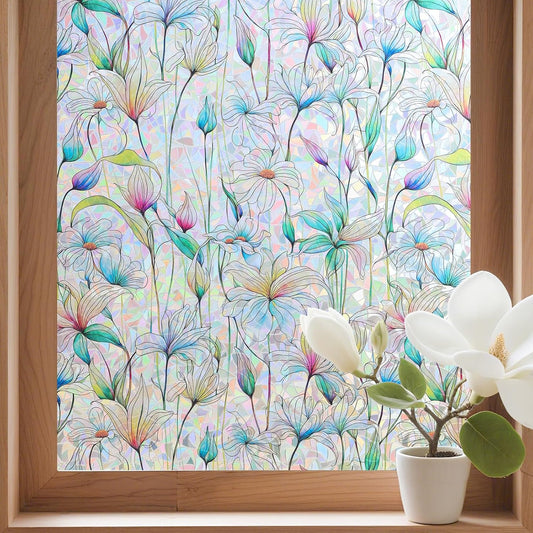 Donox Decorative Window Privacy Film, 3D Floral Stained Glass Window Film Static Cling Rainbow Privacy Sticker for Glass Door Heat Control Anti UV, No Adhesive (Magnolia,23.6 x 78.7 inches)