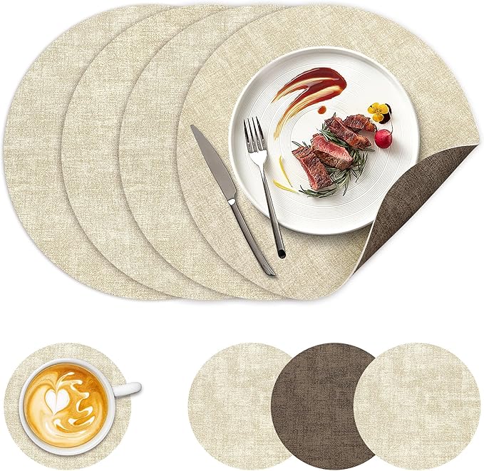 13" Round Placemats Set of 4, NCUE Dual-Sided Faux Leather Heat Resistant Table Mats, Waterproof Oilproof Washable Protective Table Placemats with Coaster, Wipeable Vinyl for Indoor & Outdoor Use