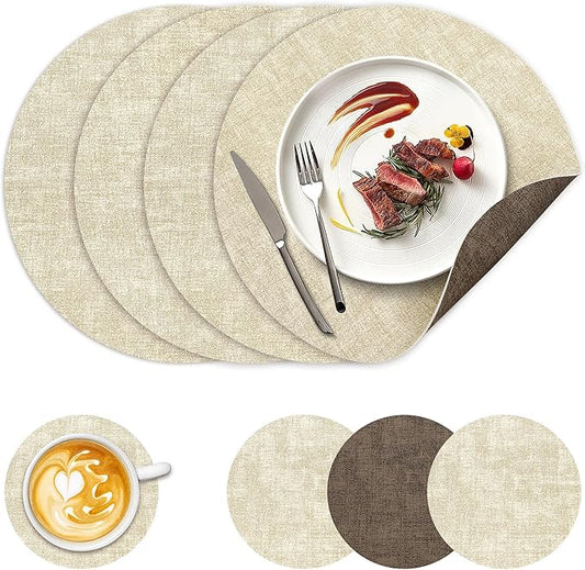 13" Round Placemats Set of 4, NCUE Dual-Sided Faux Leather Heat Resistant Table Mats, Waterproof Oilproof Washable Protective Table Placemats with Coaster, Wipeable Vinyl for Indoor & Outdoor Use