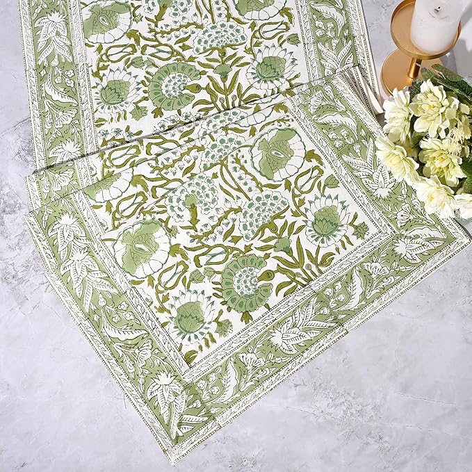 CPC Cotton Table Runner 16x106 inch Block Printed Long Fall Table Runner for Dining Table, Card Table, Coffee Table, Wedding, Farmhouse & Outdoor Barbeque-Agate Green