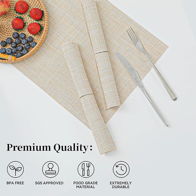 Leetaltree Beige Placemats Set of 24 - Heat Resistant Non-Slip Place mats for Dining Table, Washable Durable PVC Vinyl Woven Table Mats(Beige, 24)