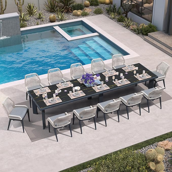 PURPLE LEAF 13 Pieces Patio Dining Set Aluminum Rectangular Table and Wicker Chairs with Cushions for Kitchen Porch Garden Modern Outdoor Furniture Sets, Dark Grey