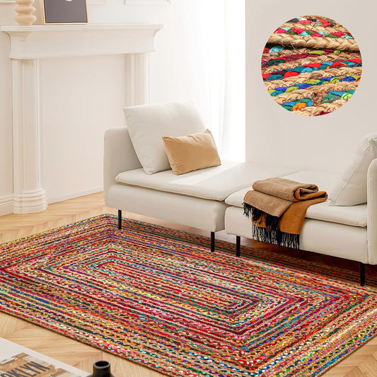 3'x5' Handwoven Jute Chindi Area Rug - Colorful Boho Rugs for Living Room - Hand Braided Multicolor Bohemian Rug for Farmhouse, Bedroom, Dining Room, Classroom, Hallway, Kitchen, Office