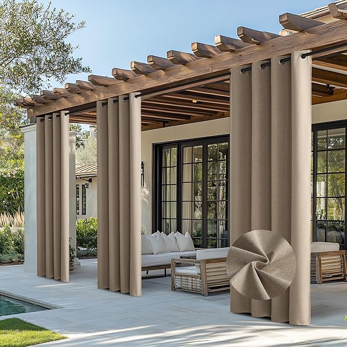 NICETOWN Outdoor Curtains for Patio Waterproof, Thermal Insulated Linen Textured 100% Blackout Outside Drapes for Gazebo, Privacy Sun Shades for Indoor, Bathroom, W52 x L108 Inch, Taupe, 2 Panels