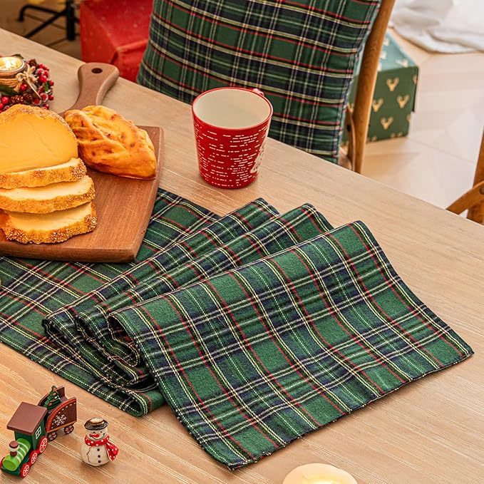 Green Blue Plaid Christmas Table Runner, Winter Holiday Table Runners 108 inches Long, Xmas Decorations Indoor Outdoor Farmhouse Home Kitchen Dining Party Decor