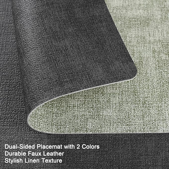 Myir JUN Placemats Dual Sided, Faux Leather Place Mats Set of 8 Indoor Placemats for Dining Table Non-Slip Washable Placemats Heat Resistant Outdoor Table Mats (Set of 8, Gray Grass Green)