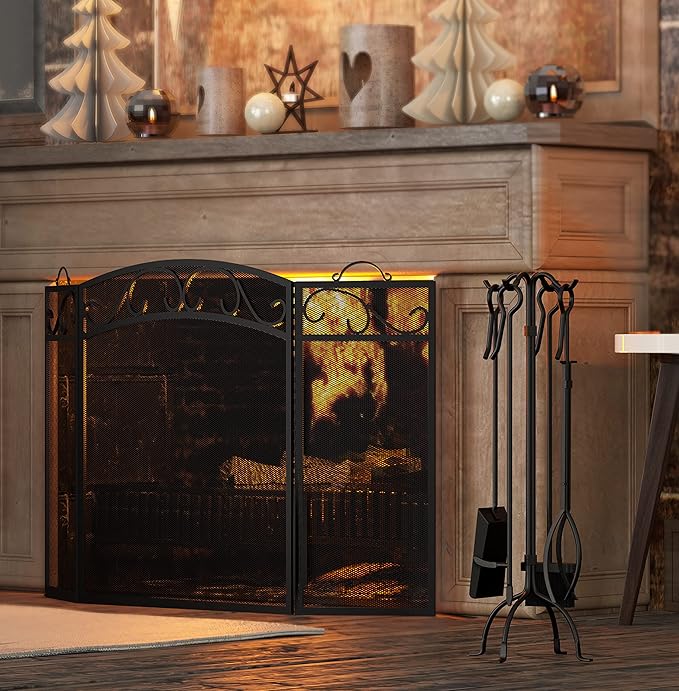 Fire Beauty Fireplace Screen 3 Panel with Handles Wrought Iron 51"(L) x31(H) Spark Guard Cover(Black)