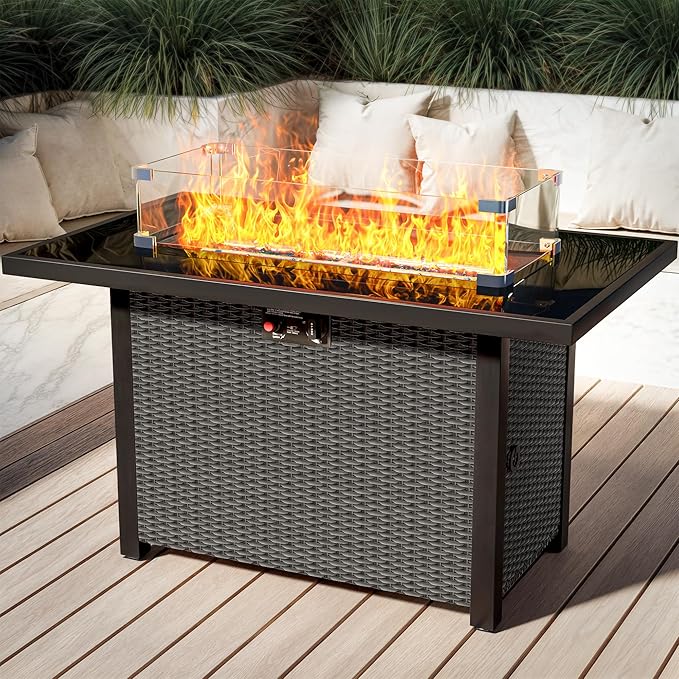 Propane Outdoor Fire Pit Table, 43" Rattan Rectangle Fire Pit Table, Outdoor Gas FirePit W/Glass Wind Guard, Tempered Glass Tabletop, Lid, CSA Listed, 60,000 BTU for Outside Patio Deck & Garden, Black