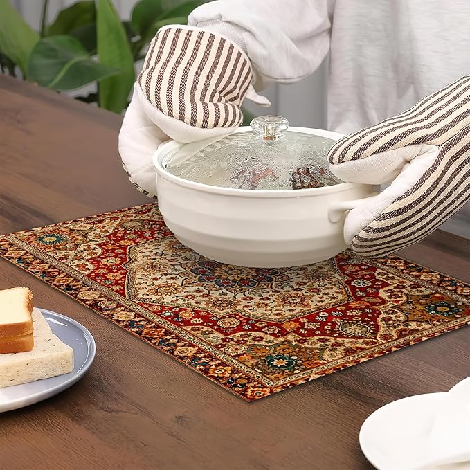 Boho Ethnic Placemats Set of 6,Retro Flower Placemats Washable Kitchen Dining Linen Table Mats Stain Heat-Resistant for Home Party Indoor 12x18 inch