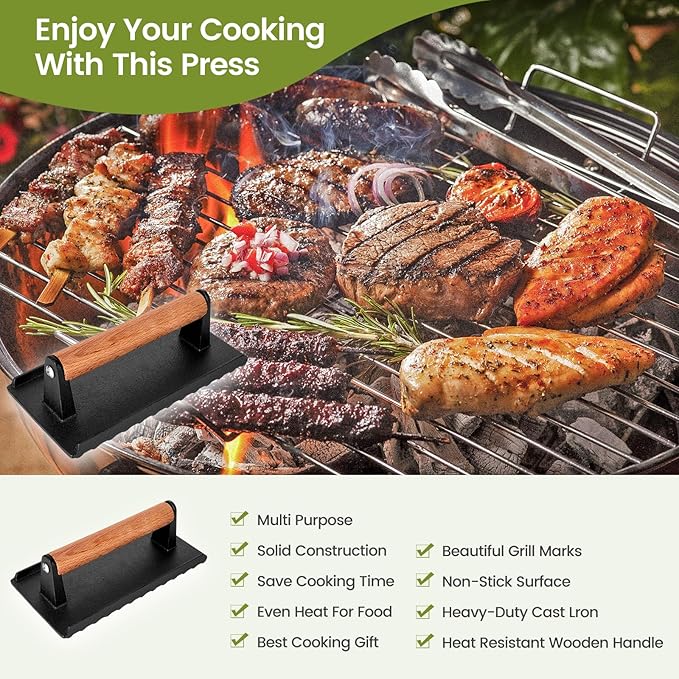 Burger Press, 8.3”X4.3”Rectangle Heavy-Duty Cast Iron Smash Burger Press Griddle Accessories with Heat Resistant Wood Handle for Blackstone Griddle, Ideal for Panini, Steak & Sandwiches