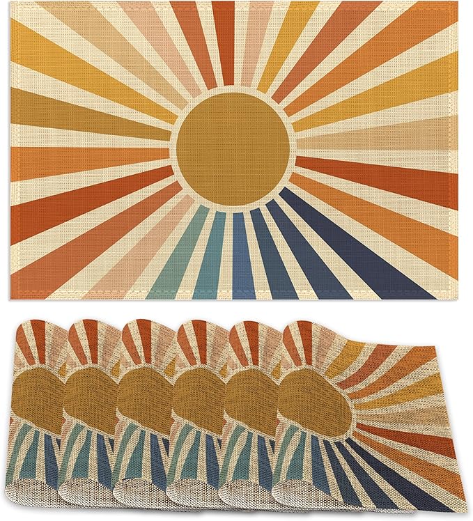 Placemats Set of 6,Vintage Boho Sun Table Mats,Sunrise Sunshine Washable Linen Table Mats,Non-Slip Heat Resistant Placemats for Party Kitchen Dining Indoor Outdoor 12"x18"