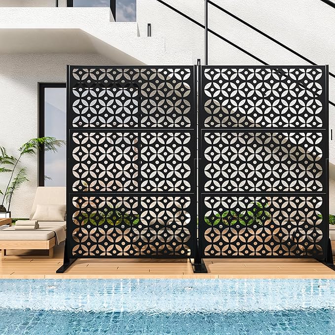 Metal Privacy Screen Outdoor, 72" H Freestanding Privacy Fence with Sturdy Stands, Decorative Privacy Panels Shield for Courtyard, Balcony, Garden and Other Indoor Places (Cross-Shaped)
