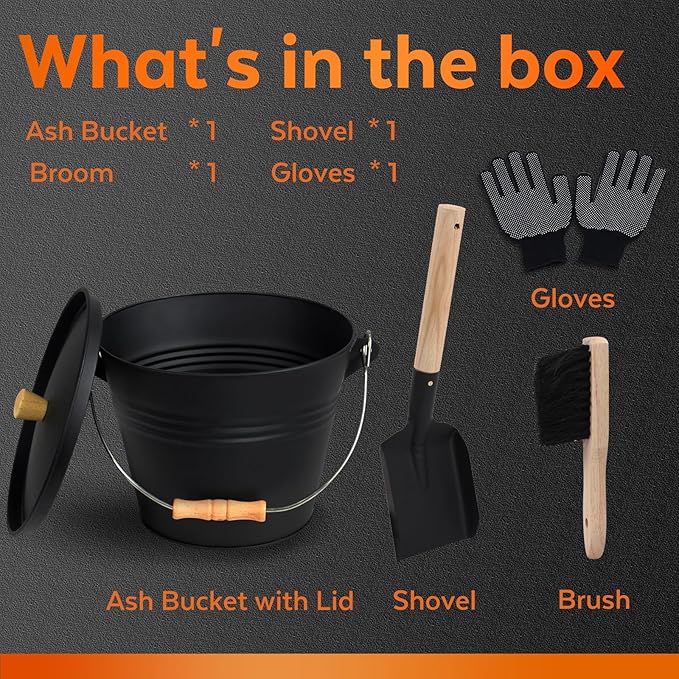 Small Ash Bucket with Lid and Shovel, Metal Fireplace Ash Bucket with Broom, Complete Fireplace Tools Set for Wood Stove and Fireplace, Black