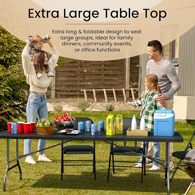 8 Feet Foldable Table with Built in Handle & Steel Legs | Heavy Duty Portable | Perfect for Party, Dining, Wedding, Events, Picnic Indoor, Outdoor, Camping, Utility, Temporary