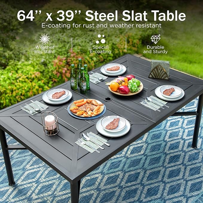 PHI VILLA 7-Piece Outdoor Dining Set, Heavy Duty Patio Table and Chairs Set with Umbrella Hole for 6, 64" Rectangular Patio Metal Table & Iron Wicker Dining Chairs with Cushions, 2 Swivel