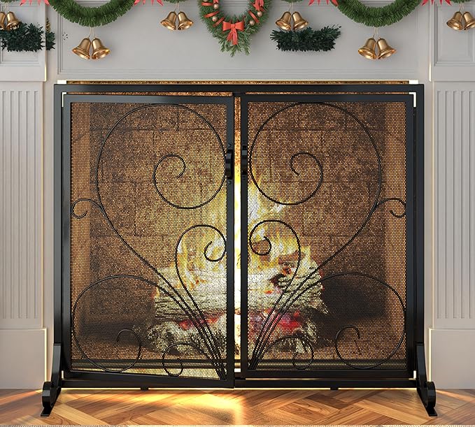 Flat Fireplace Screen with Doors,Solid Wrought Iron Frame with Metal Mesh, Flat Panel Decorative Fireplace Screen with Scroll Design, Free Standing Spark Guard