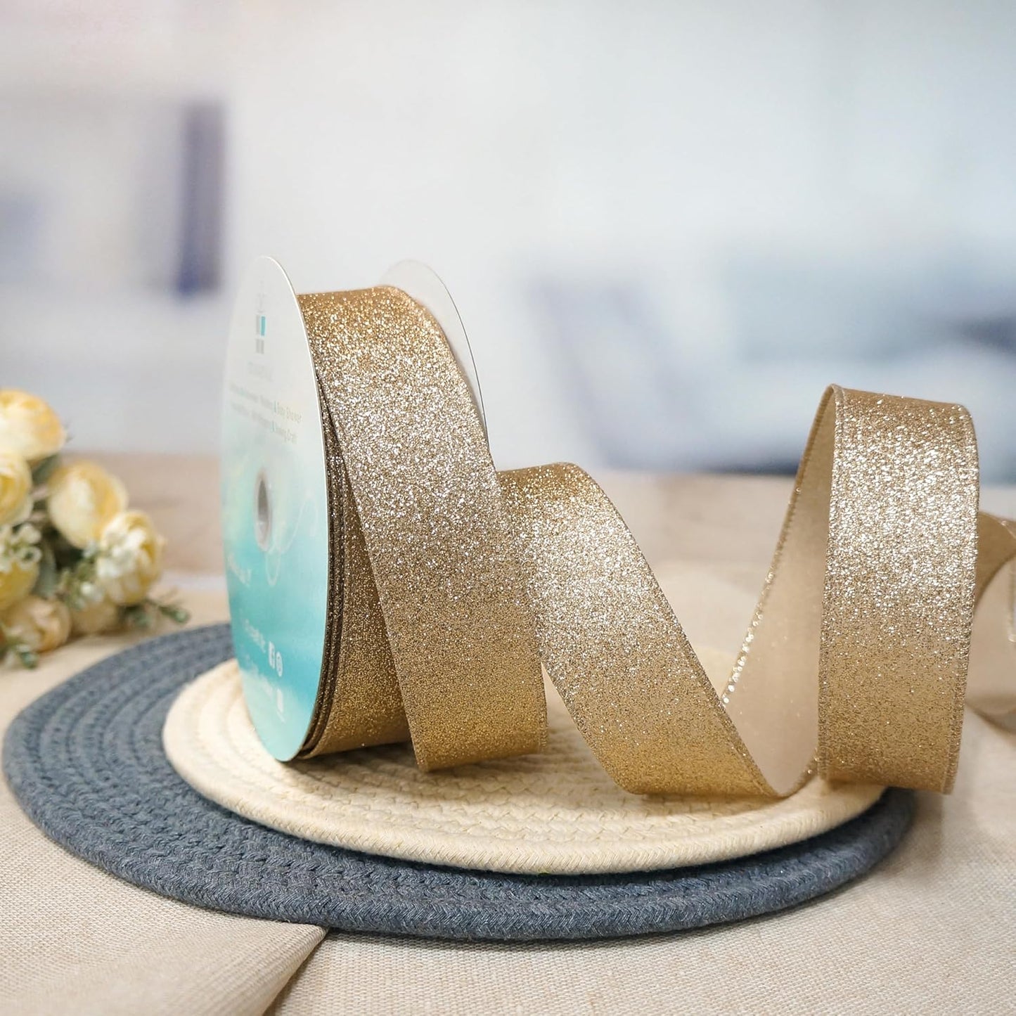 CT CRAFT LLC Glitter Wired Ribbon 1.5" x 20 Yards Gold (Champagne Gold) for Christmas Home Decor Bow Gift Wrapping DIY Crafts Wreath