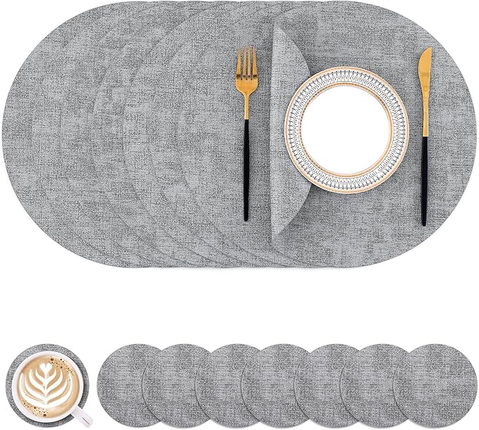 Homaxy Round Faux Leather Placemats and Coasters, Washable Dual-Side Table Mats, Wipeable Heat-Resistant Dining Place Mats for Outdoor and Indoor, Set of 8, Diameter 13 and 3.93 inch, Light Grey
