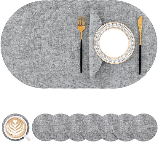 Homaxy Round Faux Leather Placemats and Coasters, Washable Dual-Side Table Mats, Wipeable Heat-Resistant Dining Place Mats for Outdoor and Indoor, Set of 8, Diameter 13 and 3.93 inch, Light Grey